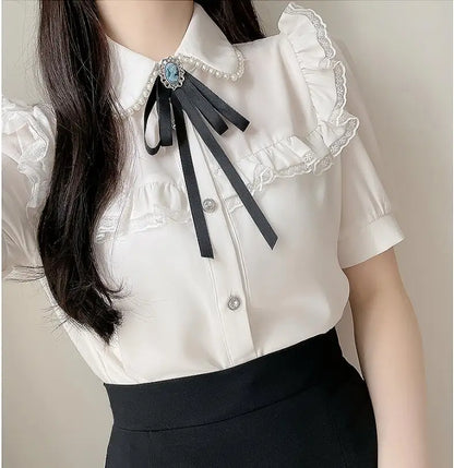 Cralom Ruffled Lace Blouse: Stylish White Button-Down Shirt for Office Ladies
