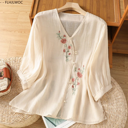 Cralom Floral Print Cotton Linen Blouse.Country Style Rustic Top for Mori Girls