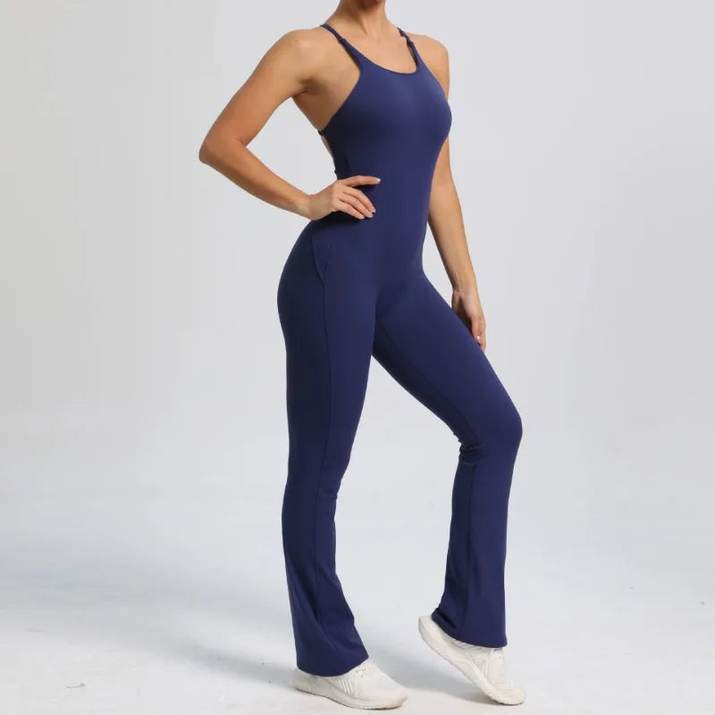 Cralom Seamless Yoga Set for Women, Open Back Flared Pants Gym Jumpsuit