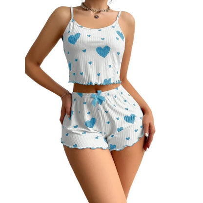 Heart Print Pajama Set with Adjustable Cami Top and Bow Shorts for Women by Cralom