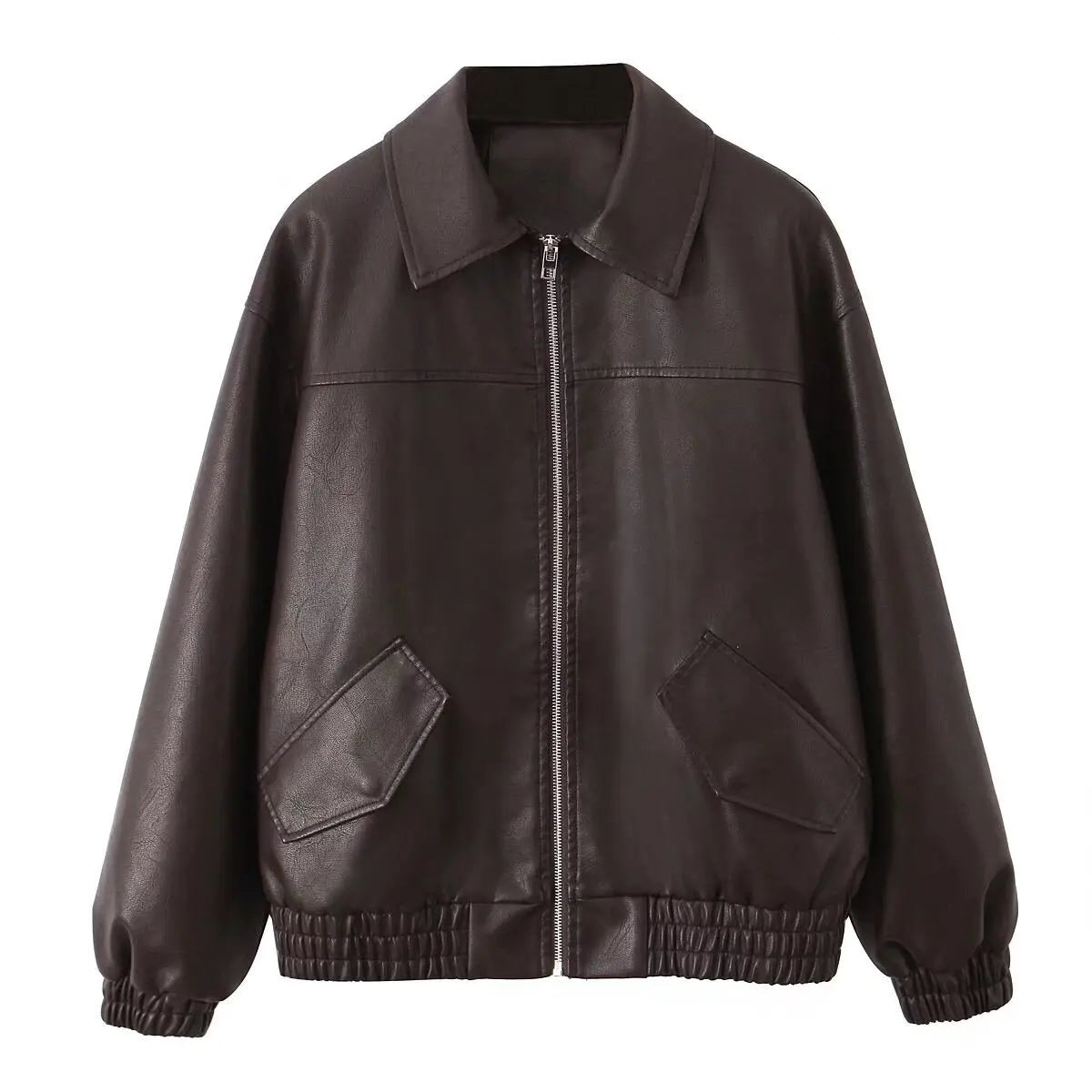 Cralom Retro Loose Faux Leather Jacket - Women's Moto Zip Coat