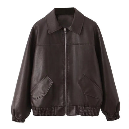 Cralom Retro Loose Faux Leather Jacket - Women's Moto Zip Coat