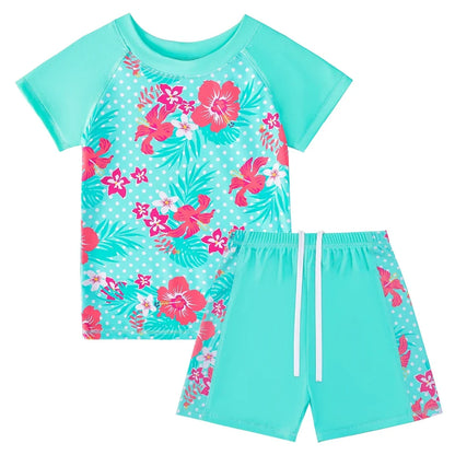 Girls' Cralom Floral Print Short Sleeve Swim Top & Boyleg Shorts Set, Turquoise Beach Swimwear