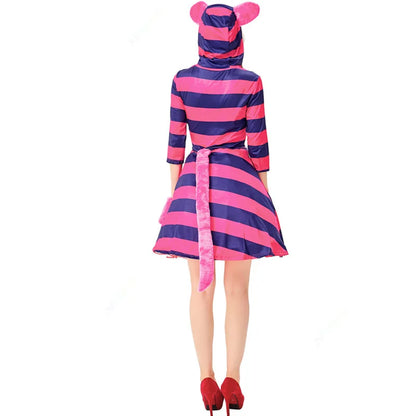 Cralom Cheshire Cat Cosplay Dress for Adult Kids Halloween Fancy Party Suit