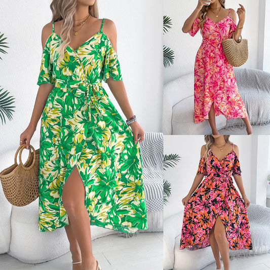 Cralom Floral Suspender Off Shoulder Vacation Dress