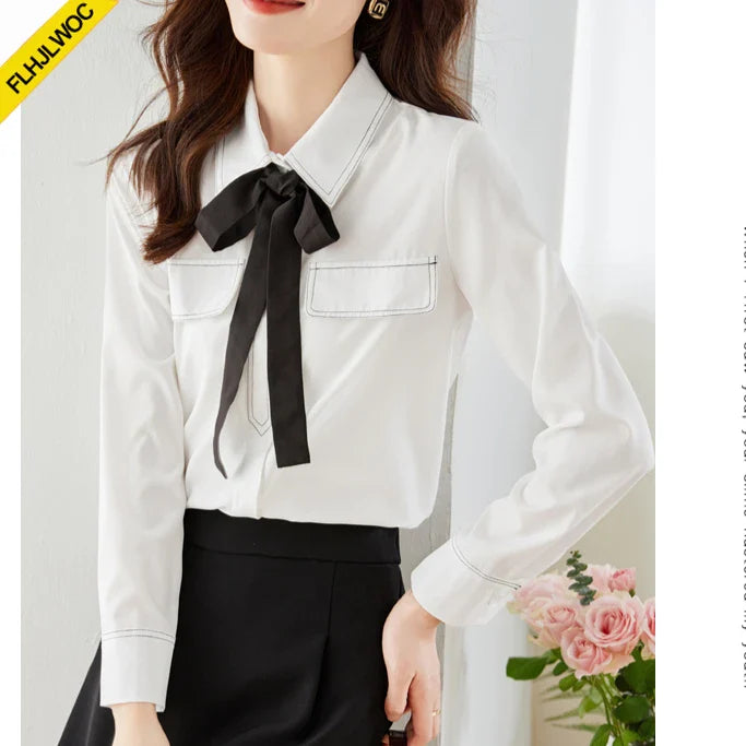 Cralom White Bow Tie Office Blouse Women's Workwear Office Chic Button-Up