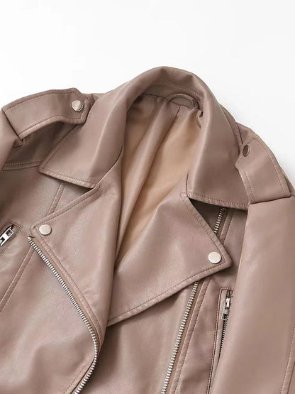 Cralom Faux Leather Biker Jacket with Belt & Zipper for Autumn Women