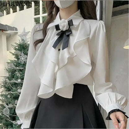 Cralom Spring Office Lady Workwear White Shirt Blouse Bow Tie Ribbon Top