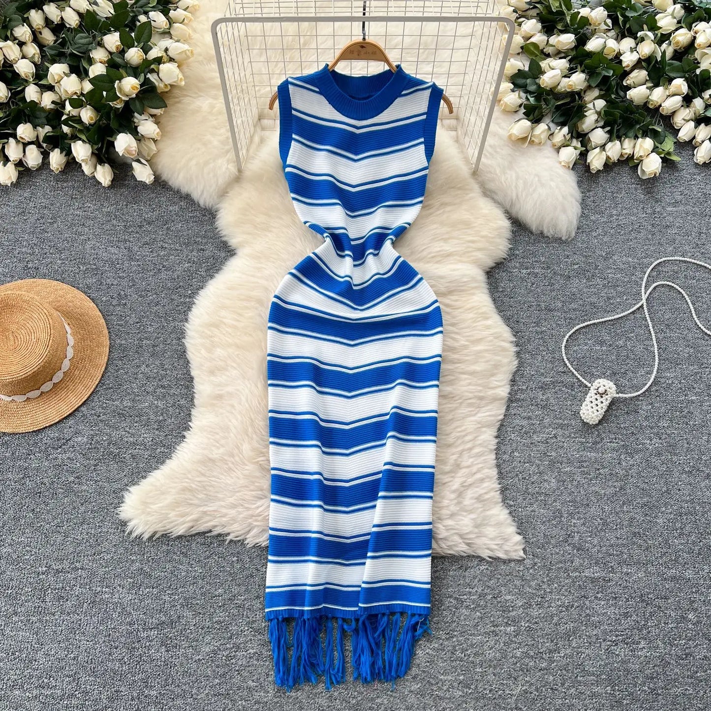 Cralom Ribbed Striped Tank Maxi Dress with Tassel Detail