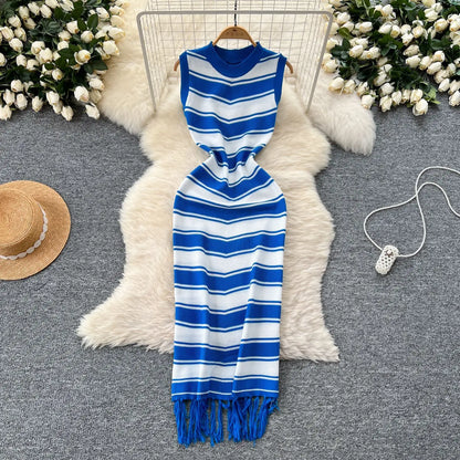 Cralom Ribbed Striped Tank Maxi Dress with Tassel Detail