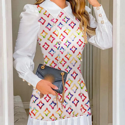 Cralom Houndstooth Button Decor Puff Sleeve Dress