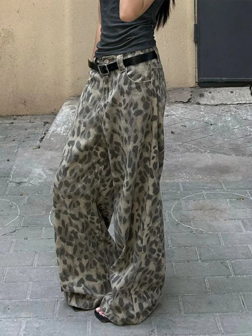 Cralom Vintage Distressed Leopard Jeans: High Waist Wide Leg Pants