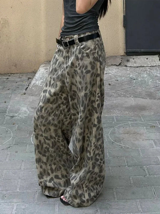 Cralom Vintage Distressed Leopard Jeans: High Waist Wide Leg Pants