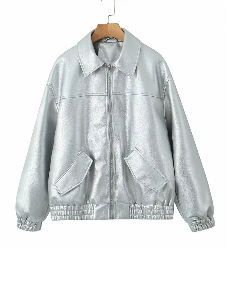Cralom Retro Loose Faux Leather Jacket - Women's Moto Zip Coat