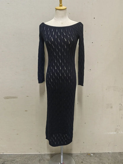 Cralom Off-Shoulder Knitted Long Dress with Elegant Hollow Out Design