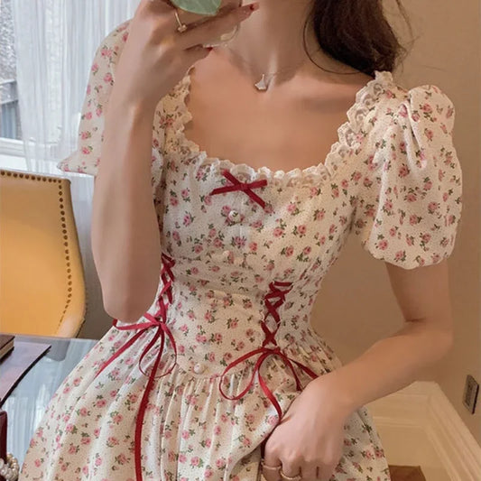 Cralom Vintage Florals Puff Sleeve Corset Dress