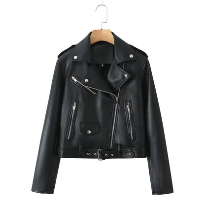 Cralom Faux Leather Lady Jacket Zipper Short Motorcycle Coat
