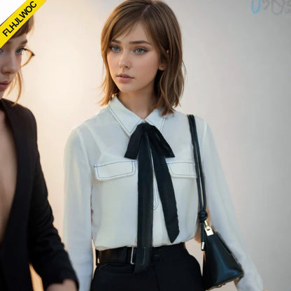Cralom White Bow Tie Office Blouse Women's Workwear Office Chic Button-Up