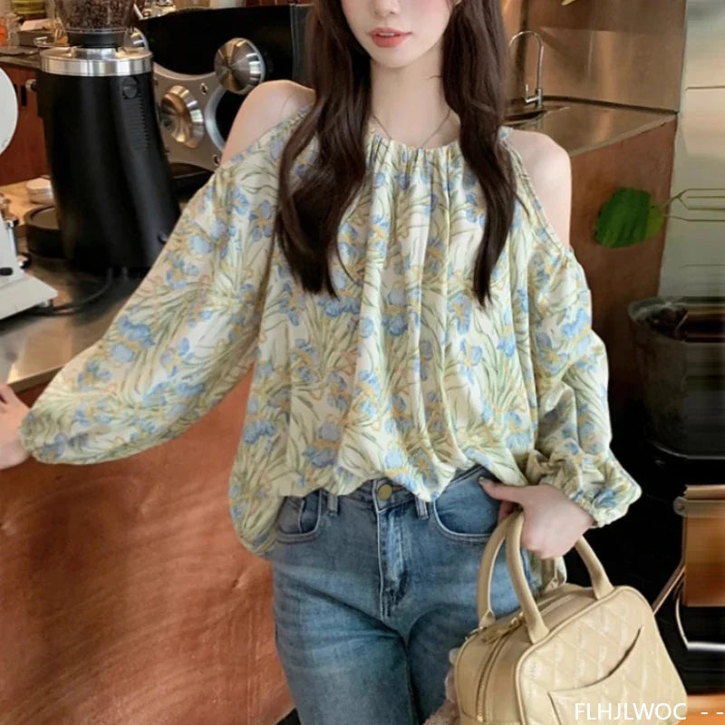 Cralom Floral Print Chiffon Off-Shoulder Top - Green