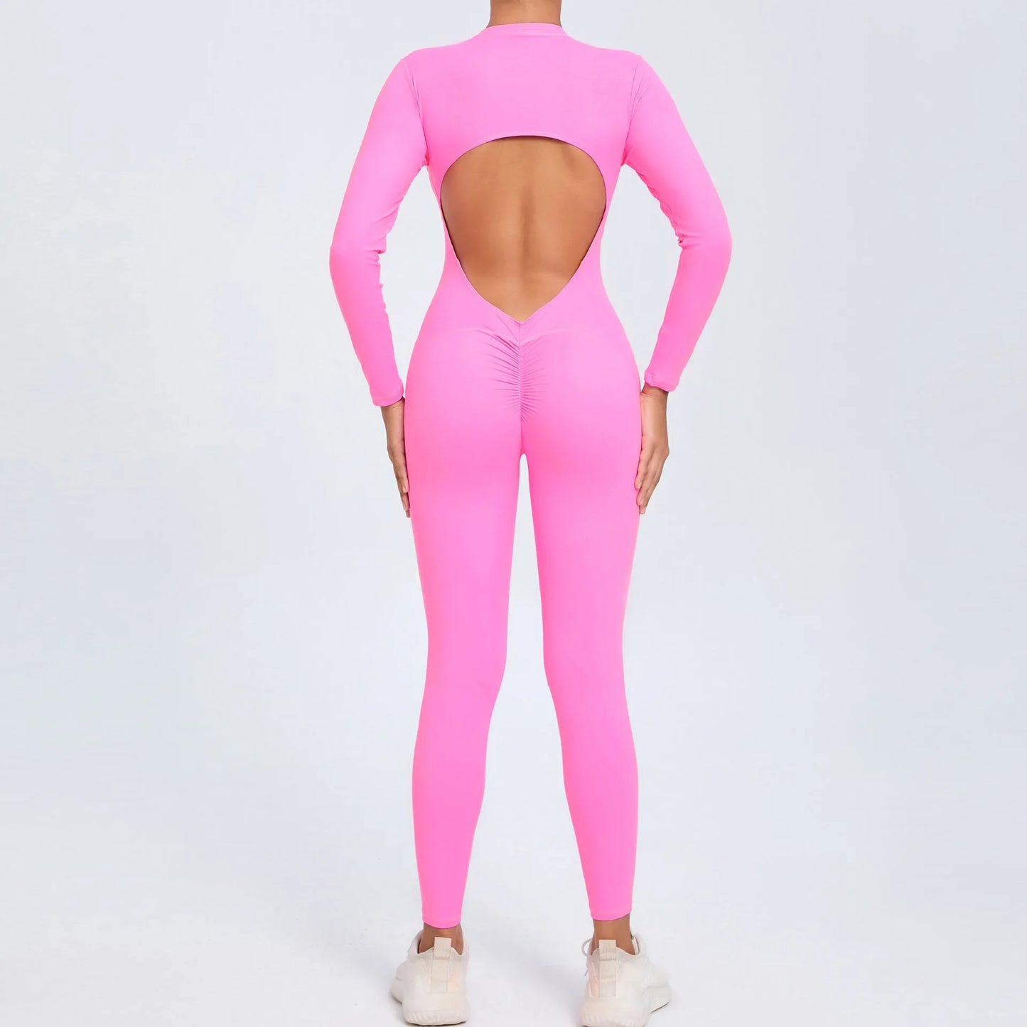 Cralom Seamless Long Sleeve Yoga Bodysuit with Back Cutout & Zipper