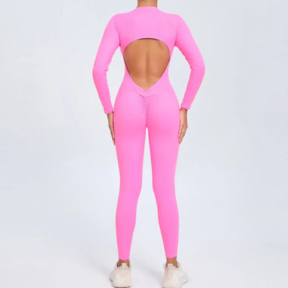 Cralom Seamless Long Sleeve Yoga Bodysuit with Back Cutout & Zipper