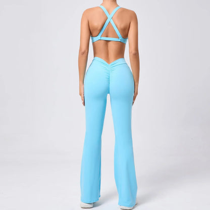 Cralom Flared Pants & Beauty Back Bra Set - Brushed Fabric Yoga Suit