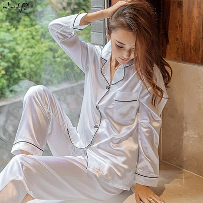 Cralom Women's Satin Pajama Lounge Set with Long Sleeve Top & Pants