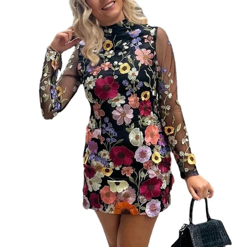 Cralom Spring 2024 3D Flower Lace Embroidery Mesh Mini Dress