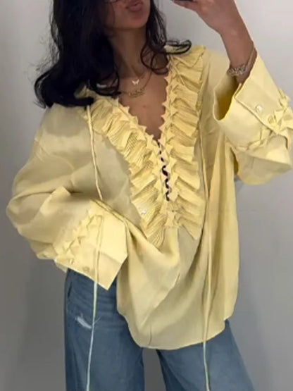 Cralom Ruffled Chiffon Shirt Casual V-Neck Blouse Women's Streetwear Tops