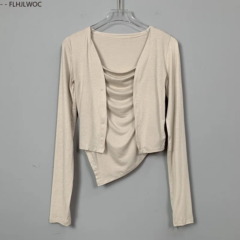 Cralom Y2K Bodycon Two-Piece Set Tops, Sexy Slim Fit Blouses, New Style Korean Tees
