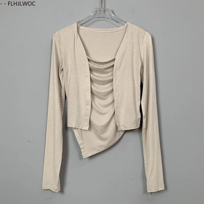 Cralom Y2K Bodycon Two-Piece Set Tops, Sexy Slim Fit Blouses, New Style Korean Tees