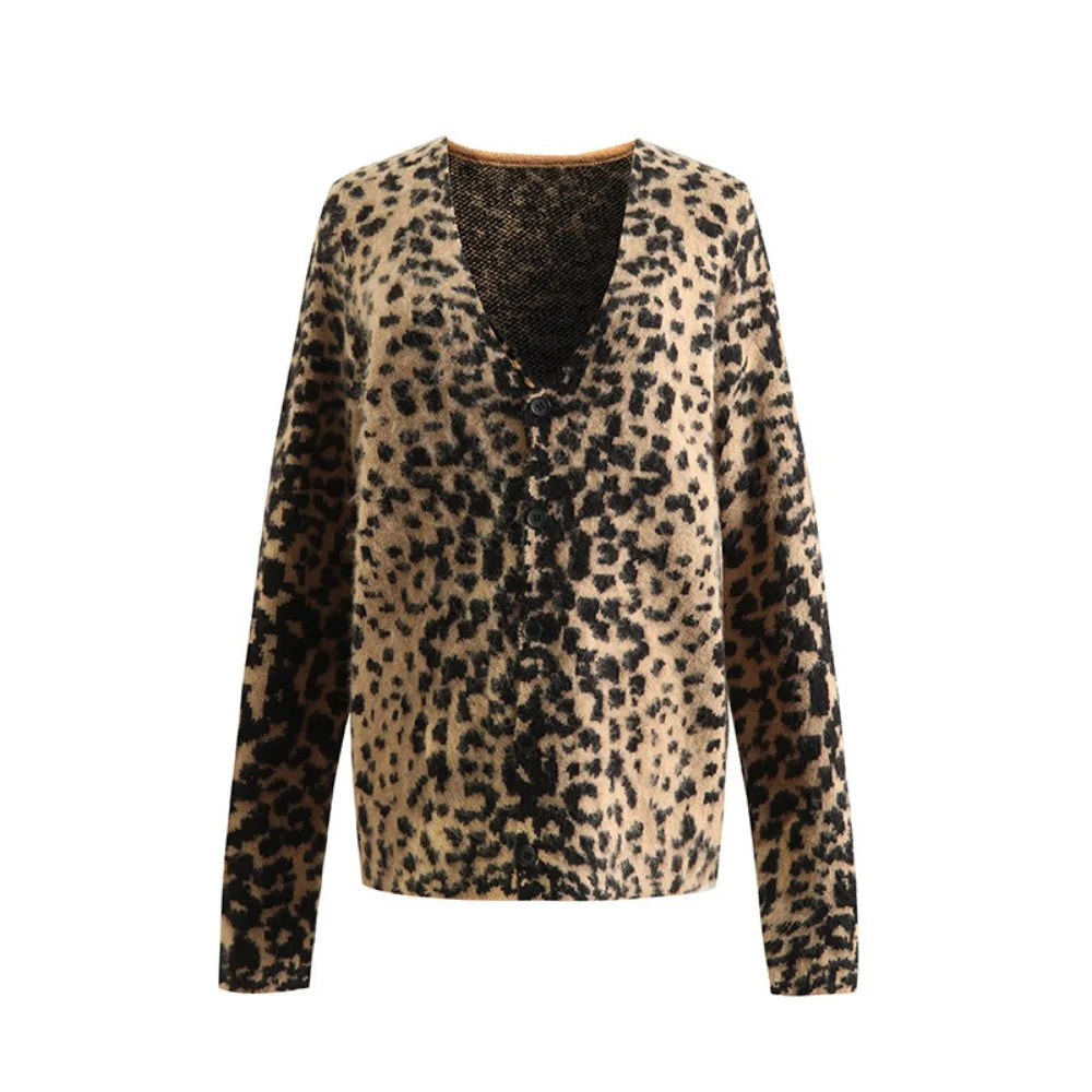 Cralom Leopard Print V Neck Cardigan Slim Fit Long Sleeve Coat Women's Fashion