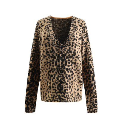 Cralom Leopard Print V Neck Cardigan Slim Fit Long Sleeve Coat Women's Fashion