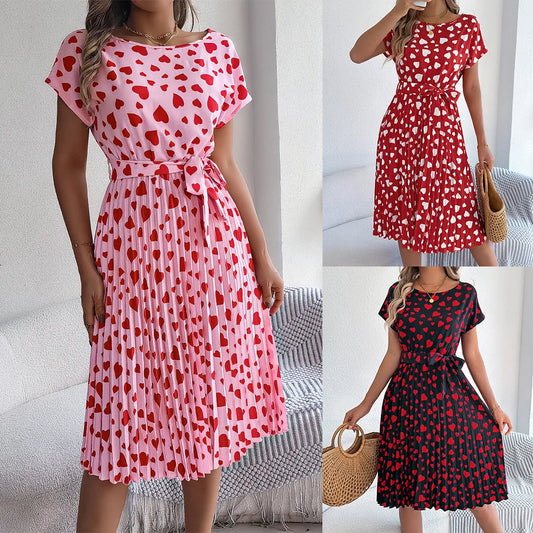 Cralom Heart Short Sleeve Waist Cinched Pleated Dress, Summer 2025