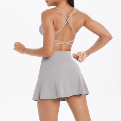 Cralom Seamless Brushed Backless Bra & Skirt Set for Yoga, Running & Fitness