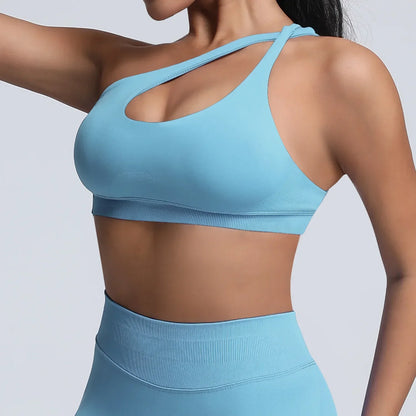 Cralom One Shoulder High Impact Sports Bra - Adjustable Straps & Removable Pads