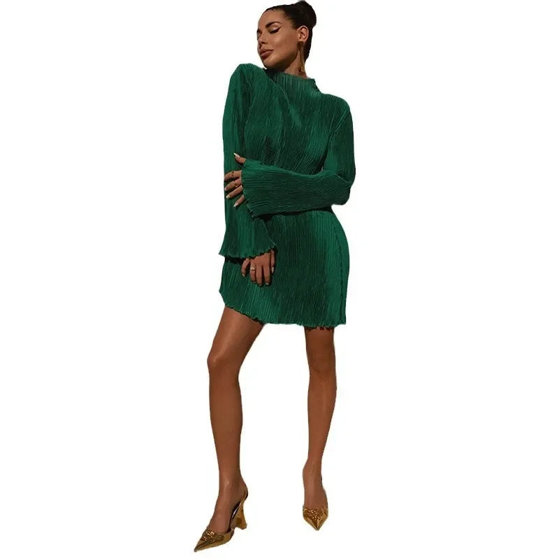 Cralom Double-layer Pleated Flared Sleeve Hip Hugging Dress