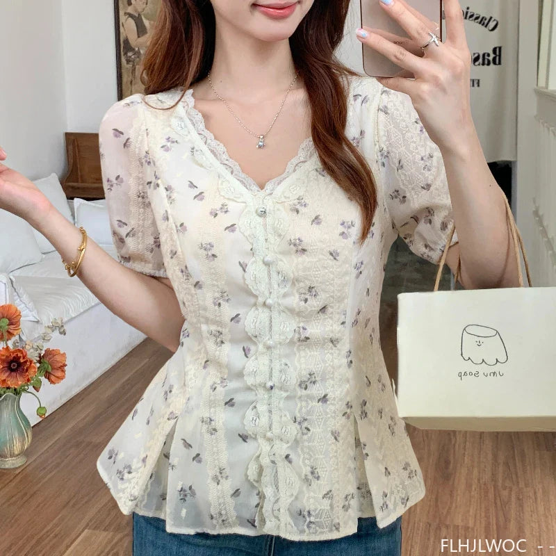 Cralom Lace-Up White Lace Peplum Top - Vintage Slim Waist Chic Blouse