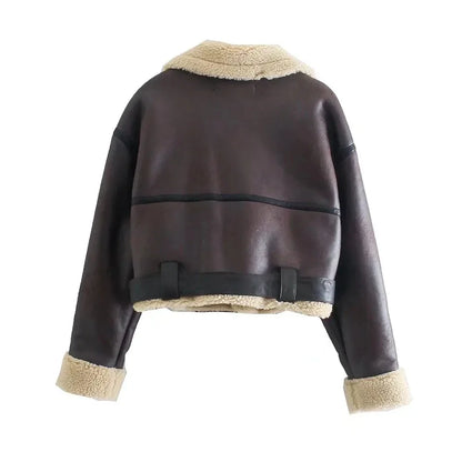Cralom Faux Lamb Leather Fur Jacket with Belt - Women's Winter Streetwear Coat