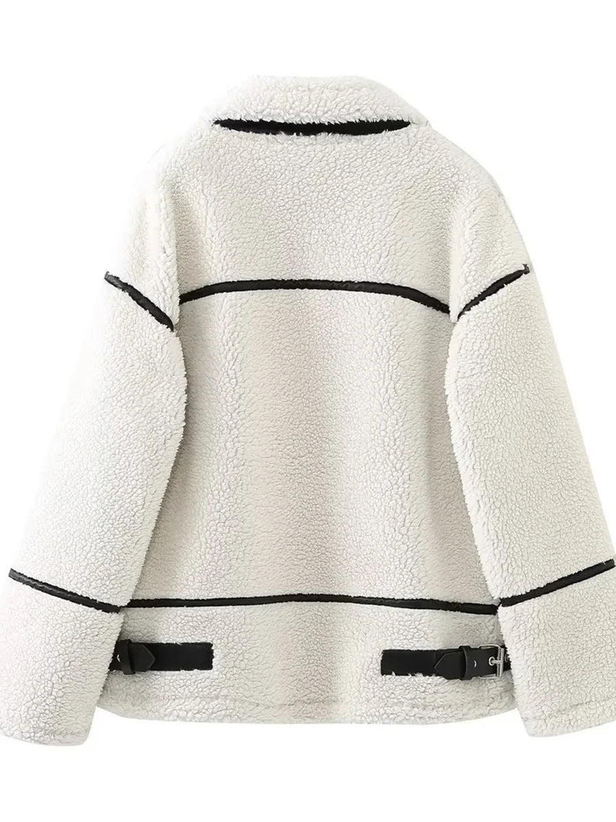 Cralom Lapel Zipper Lamb Wool Coat: Stylish Long Sleeve Jacket for Women