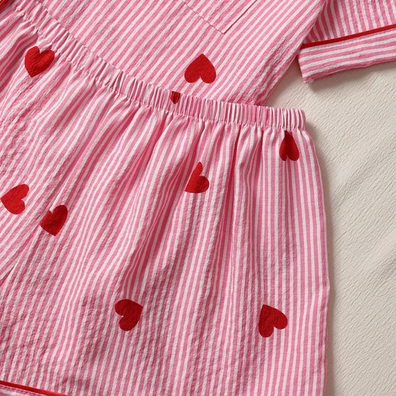 Cralom Pink Heart Print Pajama Set: Short Sleeve Top, Elastic Shorts Homewear