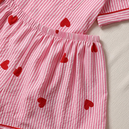 Cralom Pink Heart Print Pajama Set: Short Sleeve Top, Elastic Shorts Homewear