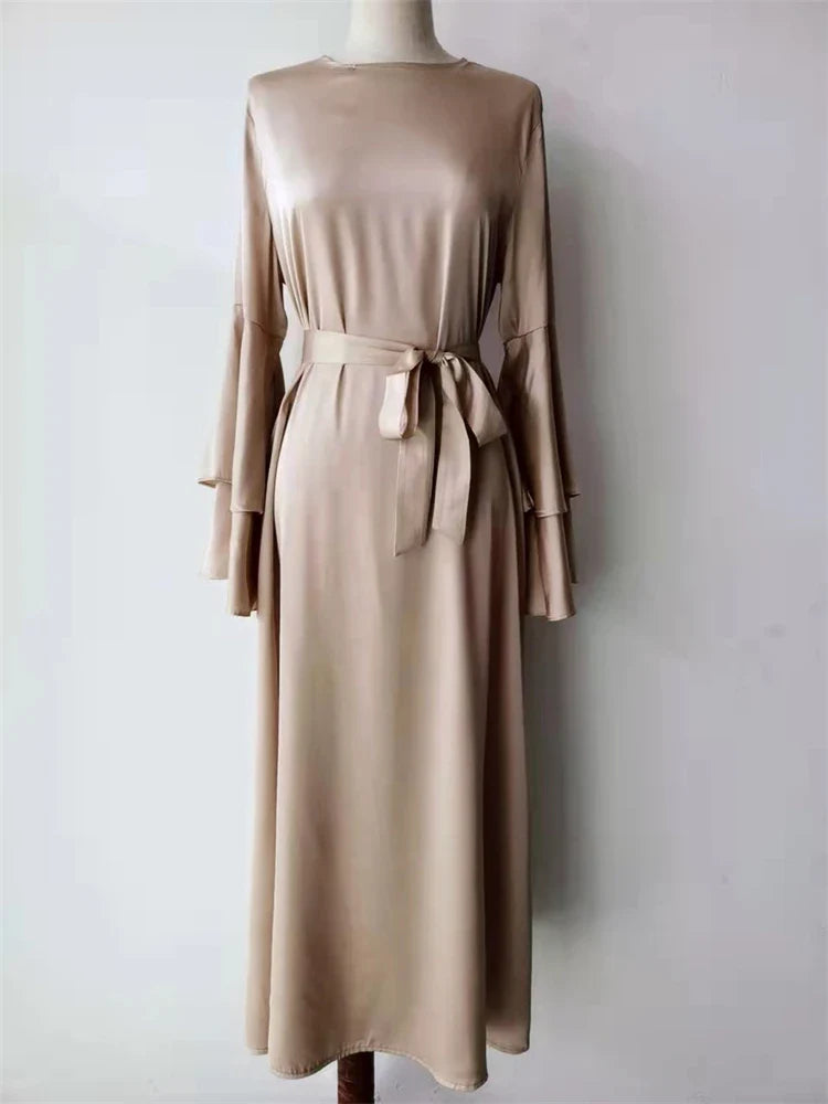 Cralom Luxury Satin Muslim Kaftan Abaya Dubai Caftan Robe Femme