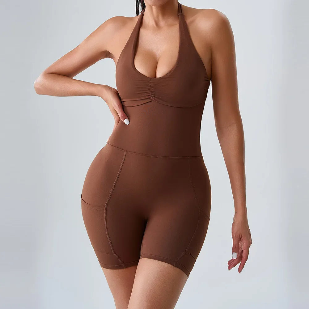 Cralom Seamless Yoga Fitness Shorts with Pockets and Backless Design