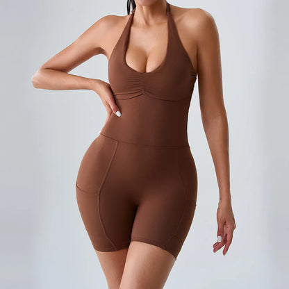 Cralom Seamless Yoga Fitness Shorts with Pockets and Backless Design