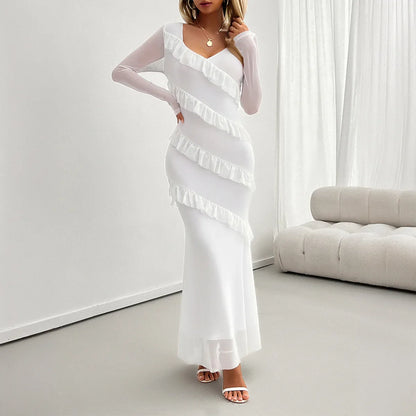 Cralom Women's V-Neck Mesh Dress: Solid Color, Slim Fit, Long-Sleeved. Suitable for Autumn & Winter.