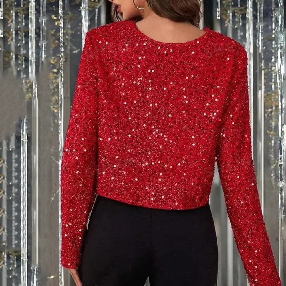 Cralom Sequin Patchwork Lace Up Jacket - Stylish Women's Coat