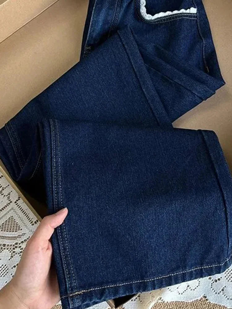 Cralom Vintage Blue Lace Spliced Straight Jeans Wide Leg Pants