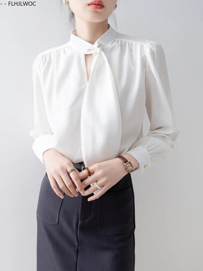 Cralom Elegant Long Sleeve Bow Tie Blouse for Women Office Chic White Shirt