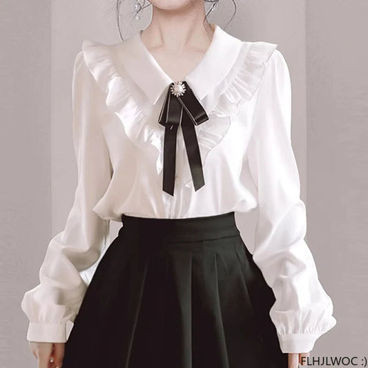 Cralom Ruffled Ribbon Bow Tie Elegant White Blouse